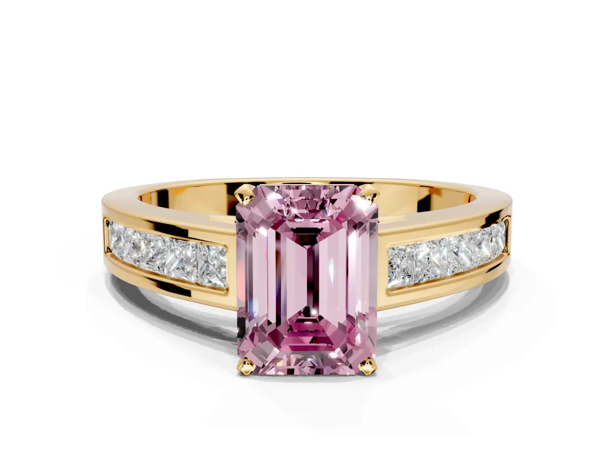Solitaire Engagement Ring Setting for Fancy Pink Emerald Cut Center with Princess Cut Channel Band and Prong Head in Yellow Gold