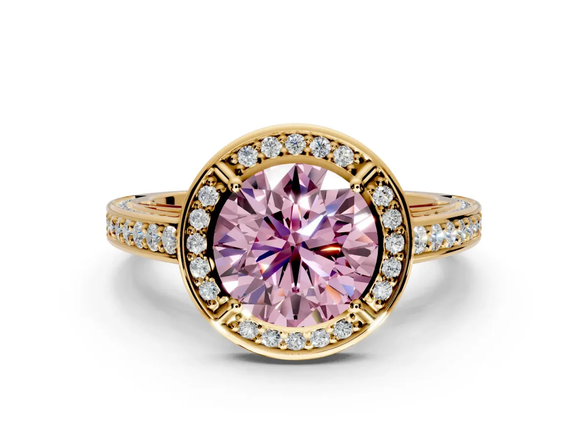 Halo Engagement Ring Setting for Fancy Pink Round Cut Center with Framed Halo, Pave Band and Prong Head in Yellow Gold