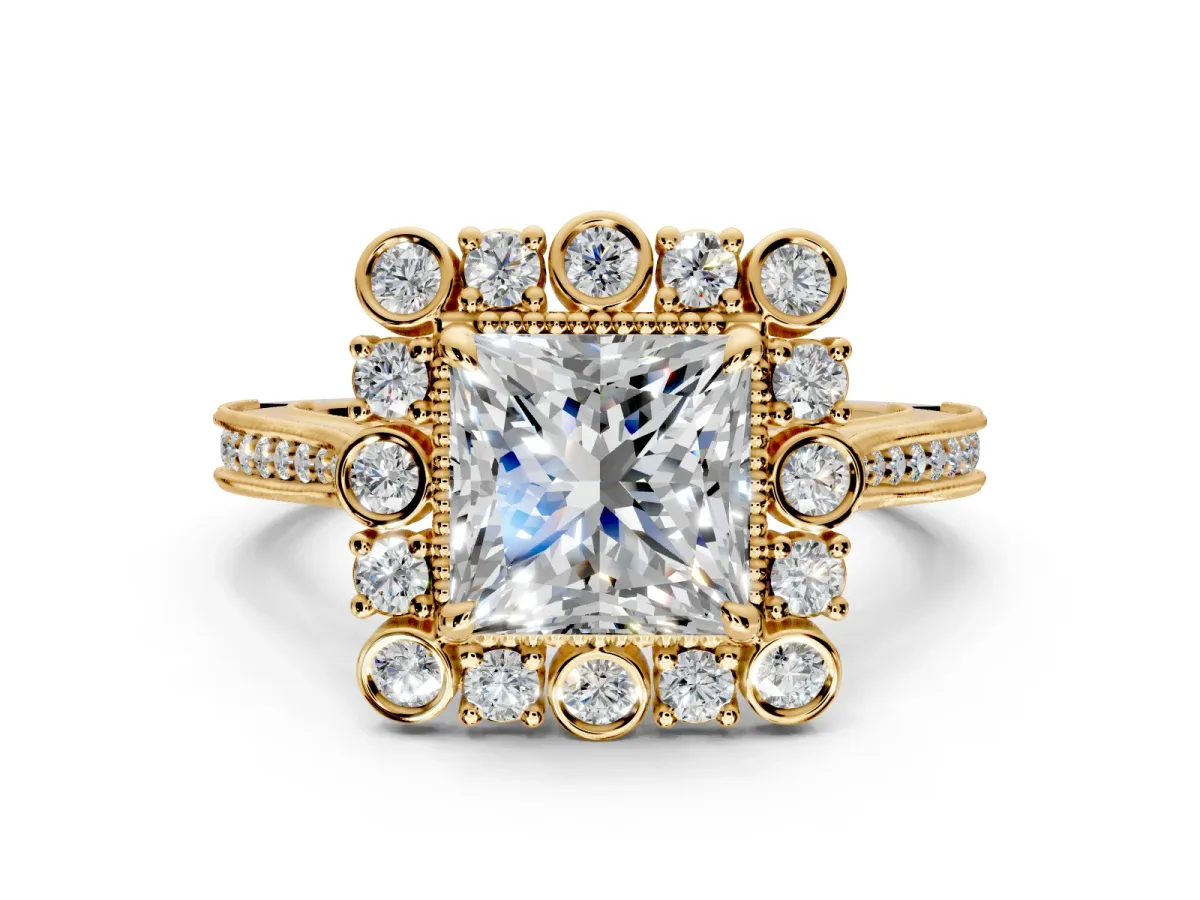 Milgrain Halo Engagement Ring Setting for Princess Cut Center with Bezel Point Accents and Prong Head in Yellow Gold