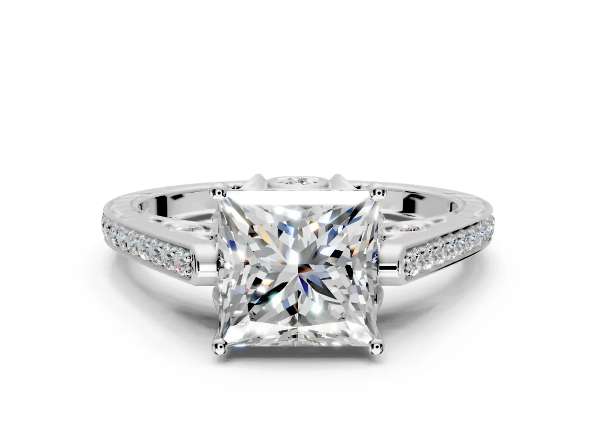 Cathedral Engagement Ring Setting for Princess Cut Center with Antique-Style Pave Band and Prong Head in Sterling Silver