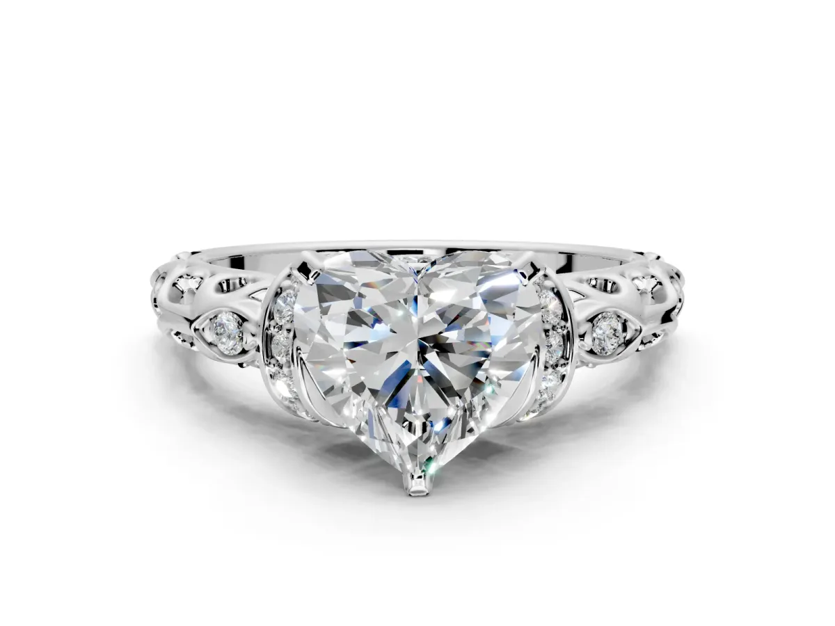 Solitaire Engagement Ring Setting for Heart-Shaped Center with Filigree Band and Prong Head in Platinum