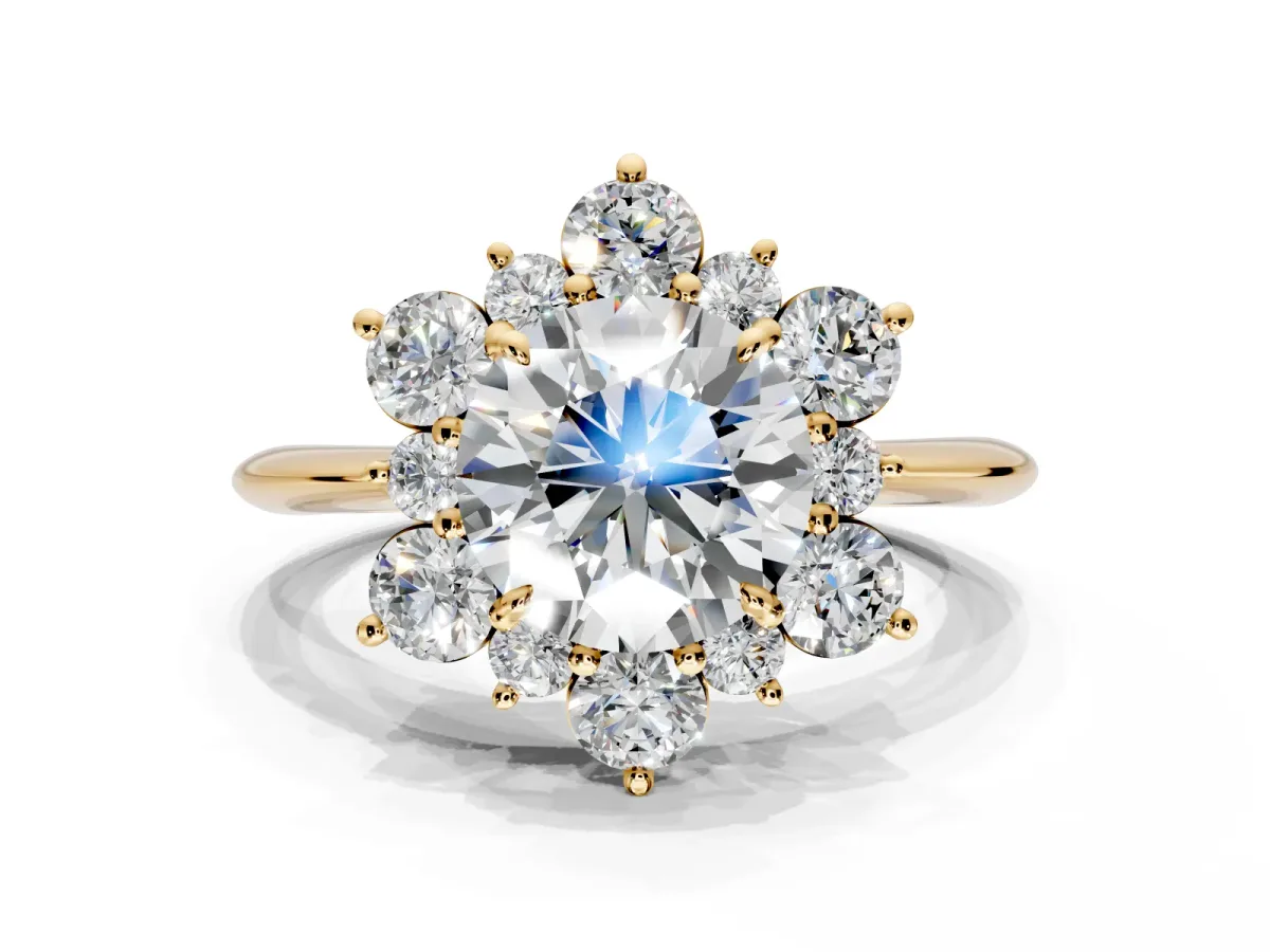 Small-Accent Cluster Halo Engagement Ring Setting for Round Cut Center with Plain Band and Prong Head in Yellow Gold