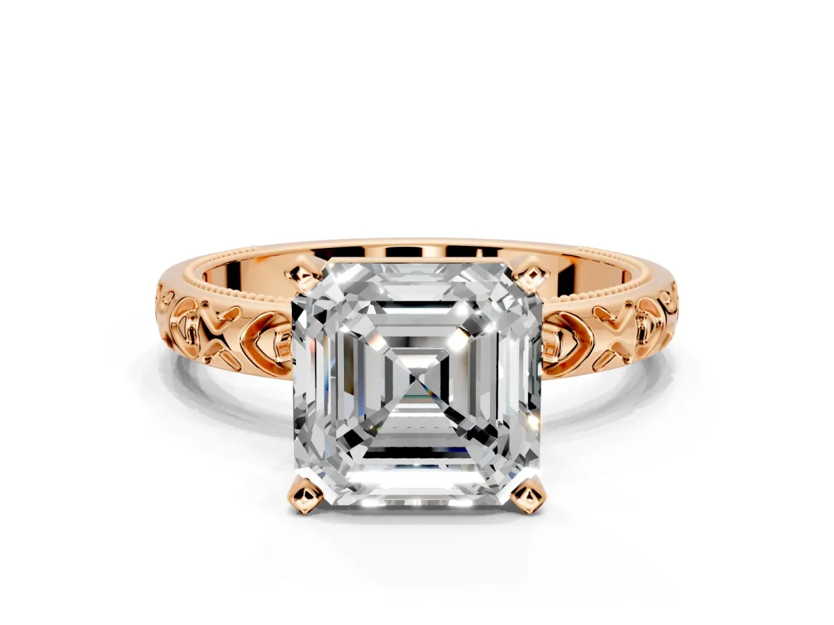 Solitaire Engagement Ring Setting for Asscher Cut Center with XO Engraved Band and Prong Head in Rose Gold