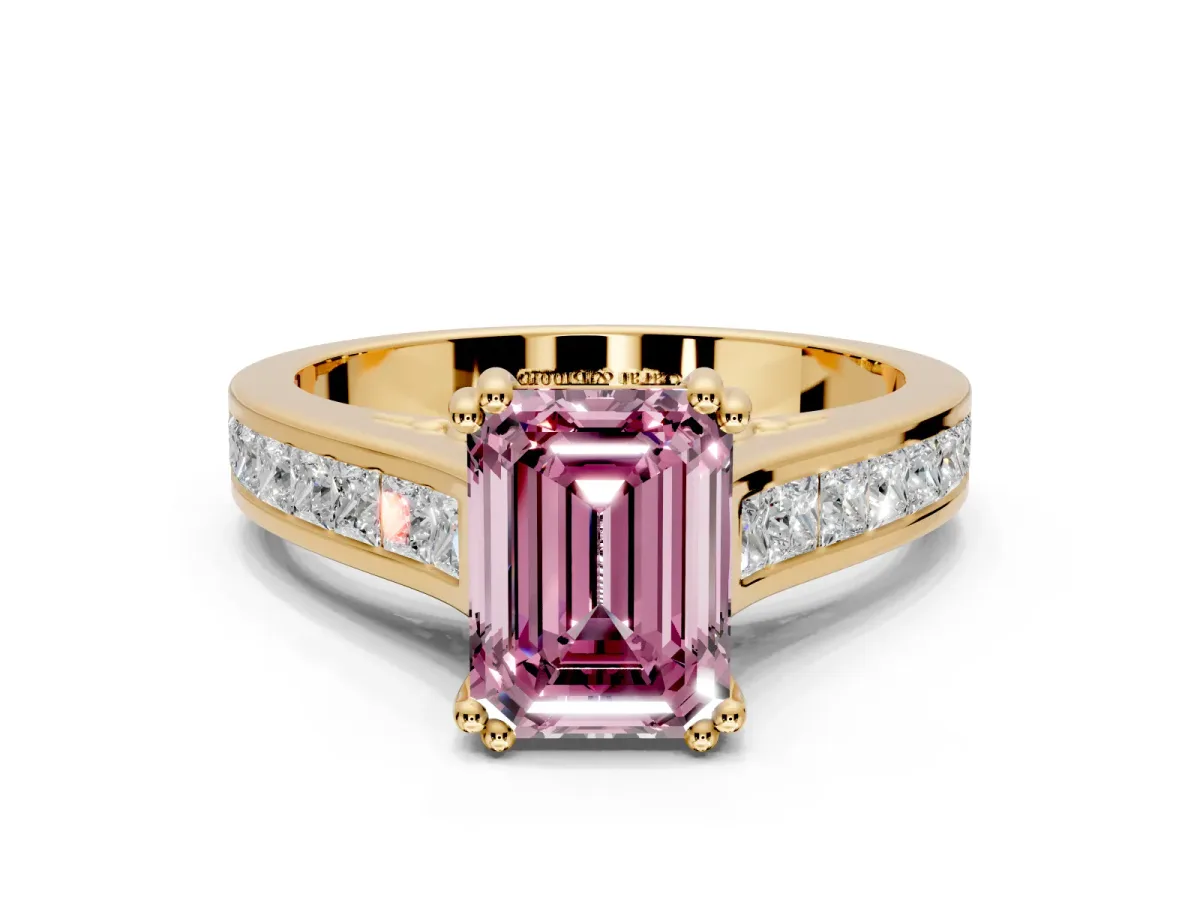 Solitaire Engagement Ring Setting for Fancy Pink Emerald Cut Center with Channel Band and Double Claw Prong Head in Yellow Gold