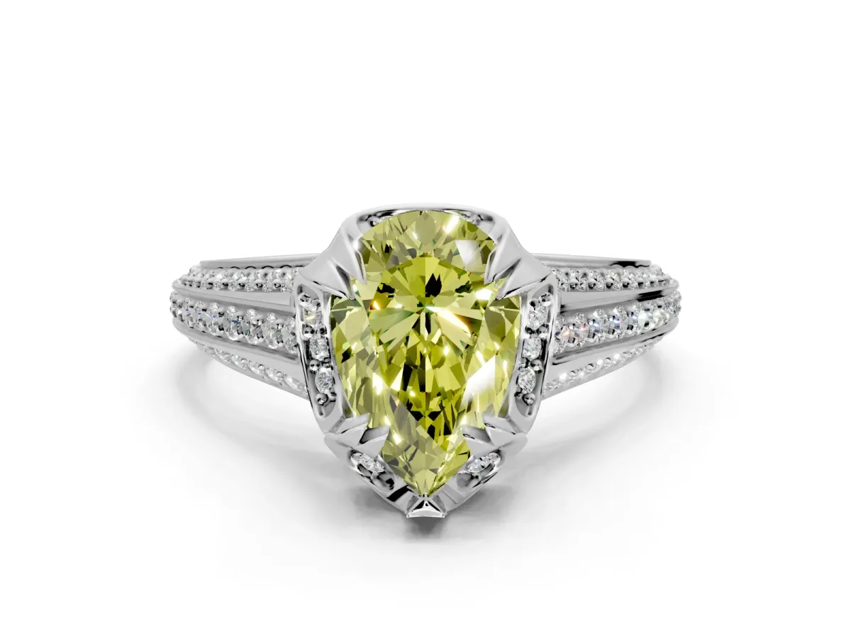 Solitaire Engagement Ring Setting for Fancy Yellow Pear-Shaped Center with Accented Split Shank and Prong Head in Sterling Silver