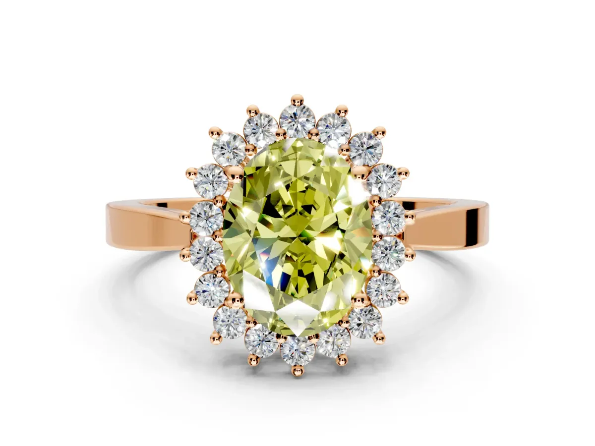 Starburst Halo Engagement Ring Setting for Fancy Yellow Oval Center with Flat Cathedral Band and Prong Head in Rose Gold