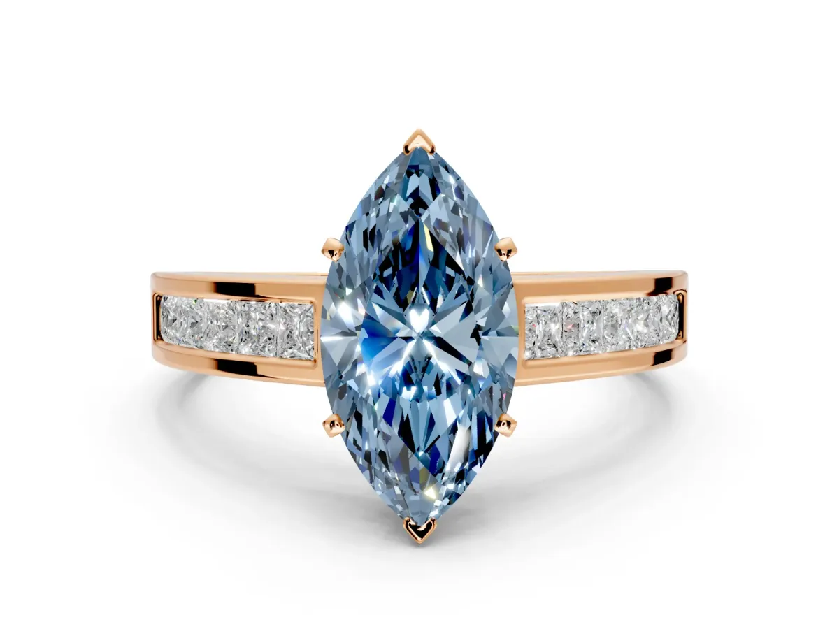 Solitaire Engagement Ring Setting for Fancy Blue Marquise Center with Princess Cut Channel Band and Prong Head in Rose Gold