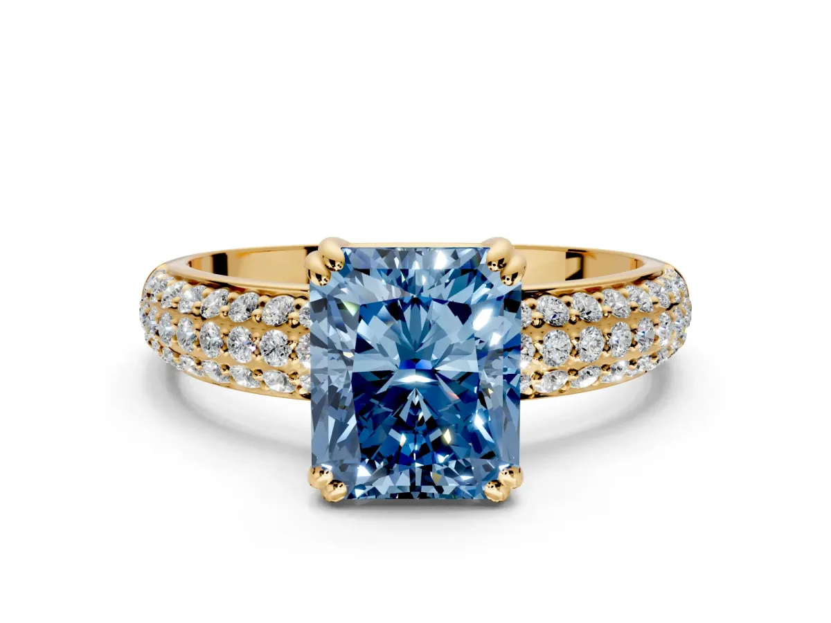 Solitaire Engagement Ring Setting for Fancy Blue Radiant Cut Center with Multi-Row Pave Accents and Basket Head in Yellow Gold