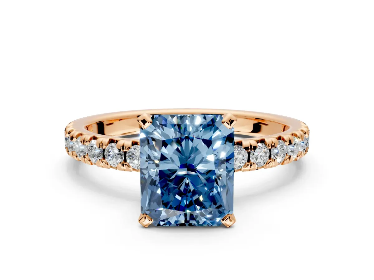 Solitaire Engagement Ring Setting for Fancy Blue Radiant Cut Center with Large Accents and Prong Head in Rose Gold