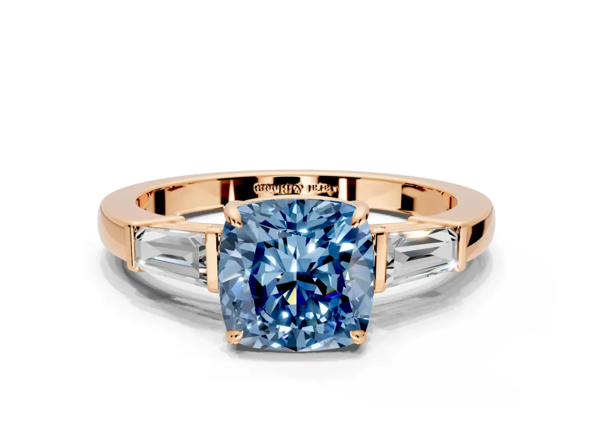 3 Stone Engagement Ring Setting for Fancy Blue Cushion Cut Center with Baguette Accents and Prong Head in Rose Gold