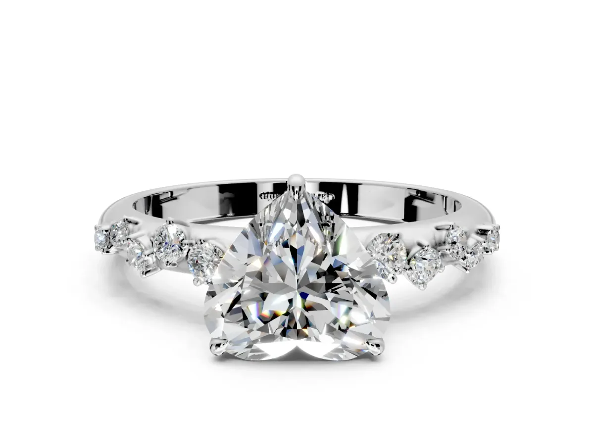 Cluster Engagement Ring Setting for Heart-Shaped Center with Round Cut Accent Band and Prong Head in Sterling Silver