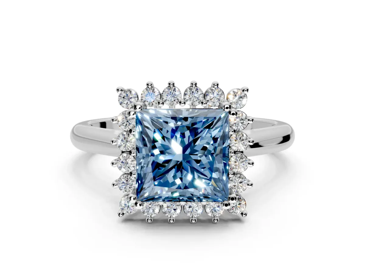 Starburst Halo Engagement Ring Setting for Fancy Blue Princess Cut Center with Thin Round-Wire Band and Prong Head in Platinum