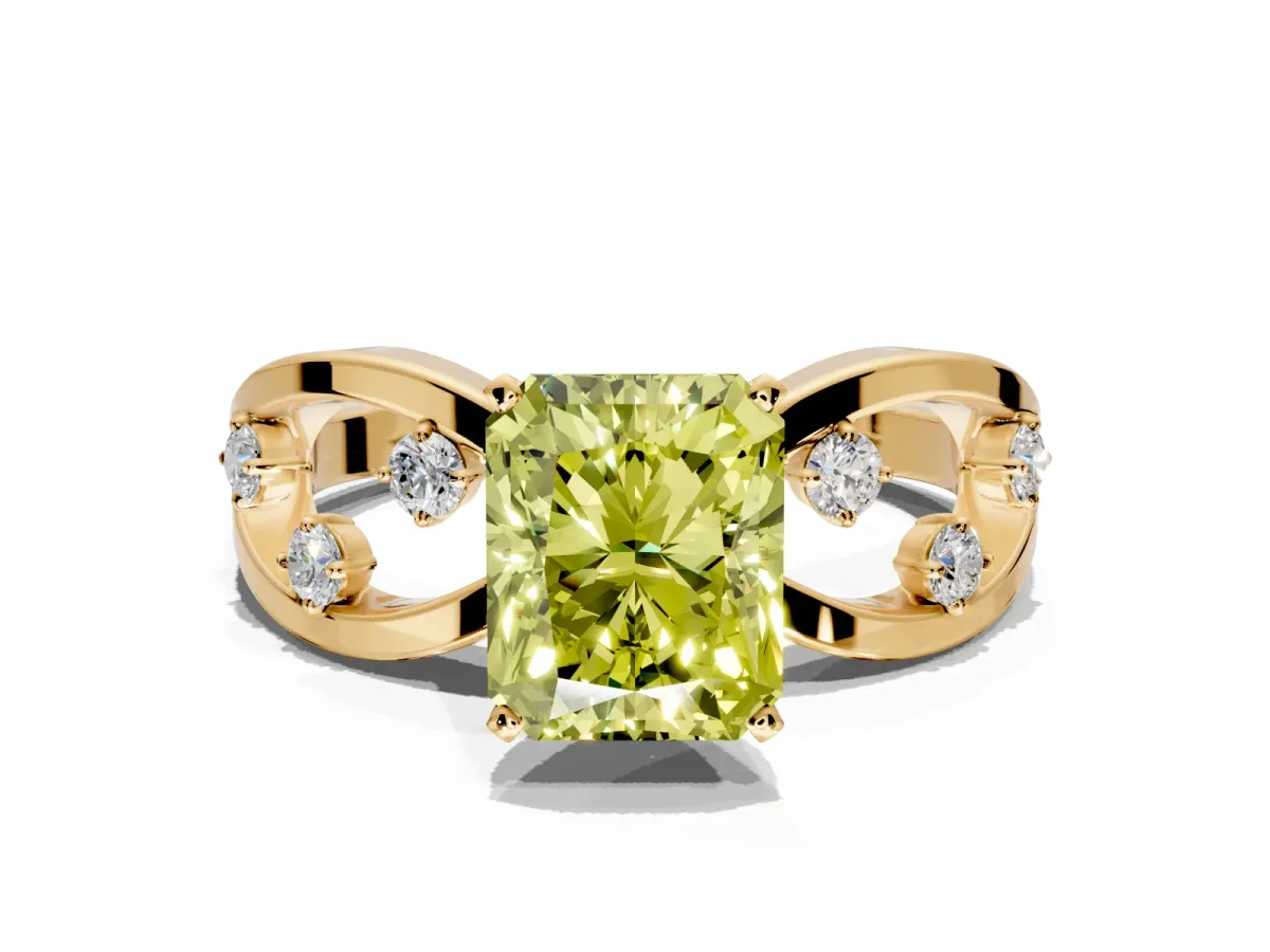 Solitaire Engagement Ring Setting for Fancy Yellow Radiant Cut Center with Criss-Cross Accent Band and Prong Head in Yellow Gold