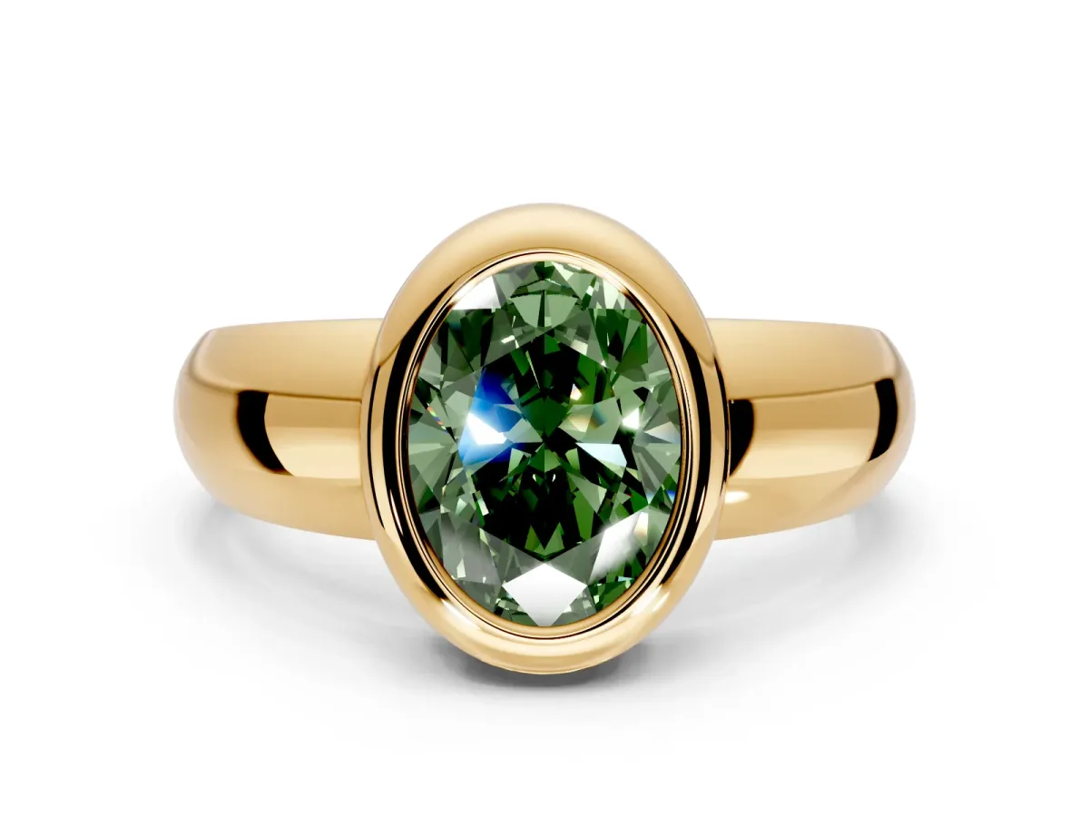 Solitaire Engagement Ring Setting for Fancy Green Oval Center with Wide Band and Bezel Head in Yellow Gold