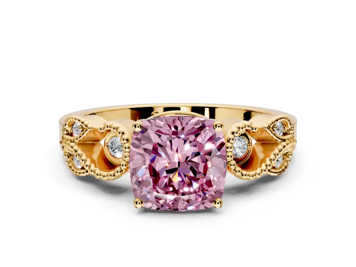 Leaf Engagement Ring Setting for Fancy Pink Cushion Cut Center with Milgrain Accent Band and Prong Head in Yellow Gold