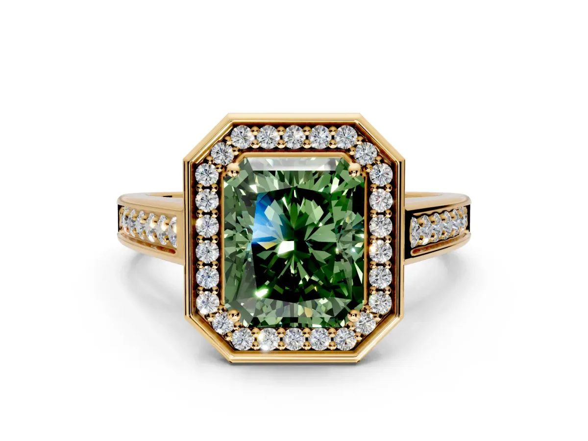 Halo Engagement Ring Setting for Fancy Green Emerald Cut Center with Outer Bezel Rim, Pave Band and Prong Head in Yellow Gold