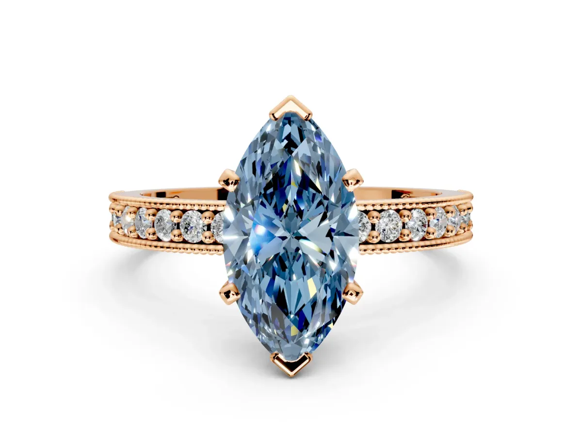 Milgrain Pave Engagement Ring Setting for Fancy Blue Marquise Center with Accent Band and Prong Head in Rose Gold
