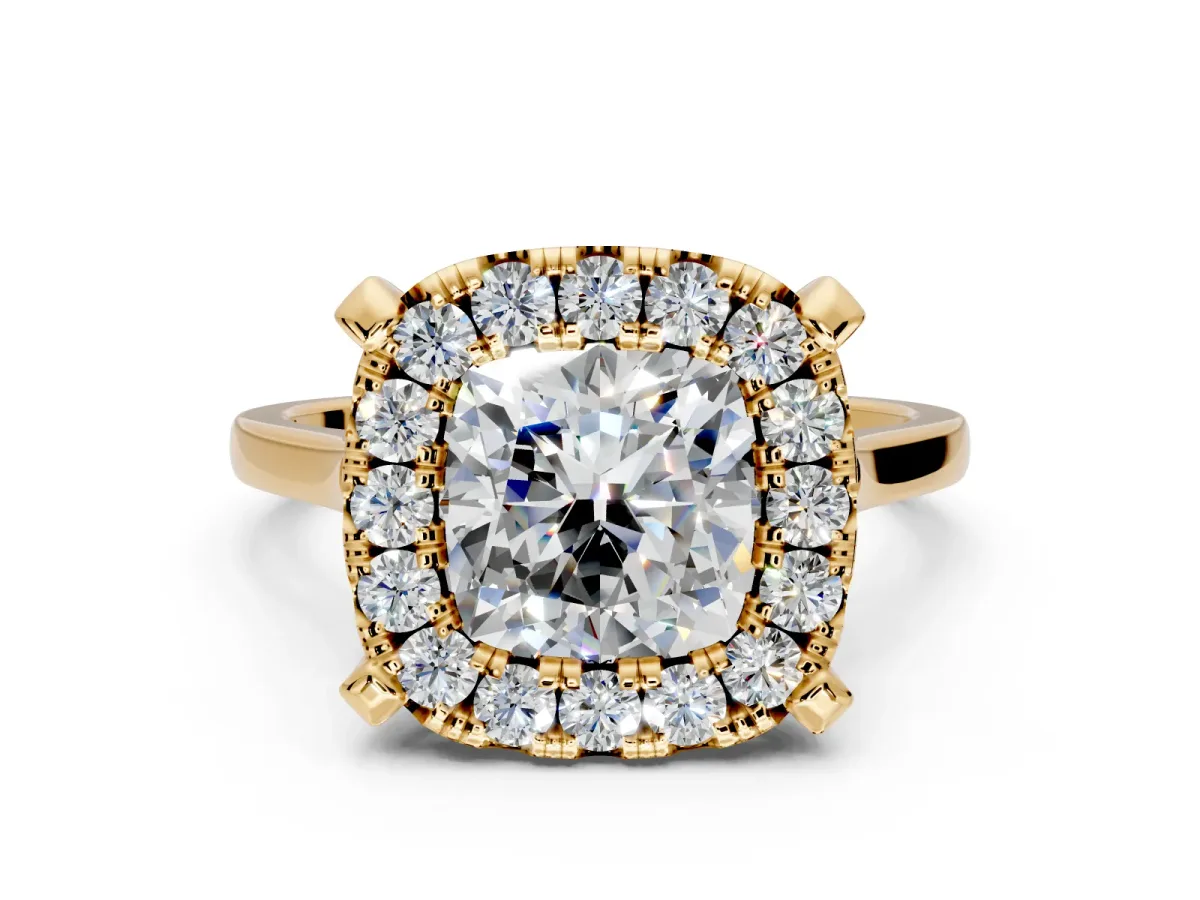 Single Halo Engagement Ring Setting for Cushion Cut Center with Corner Claws, Plain Band and Prong Head in Yellow Gold