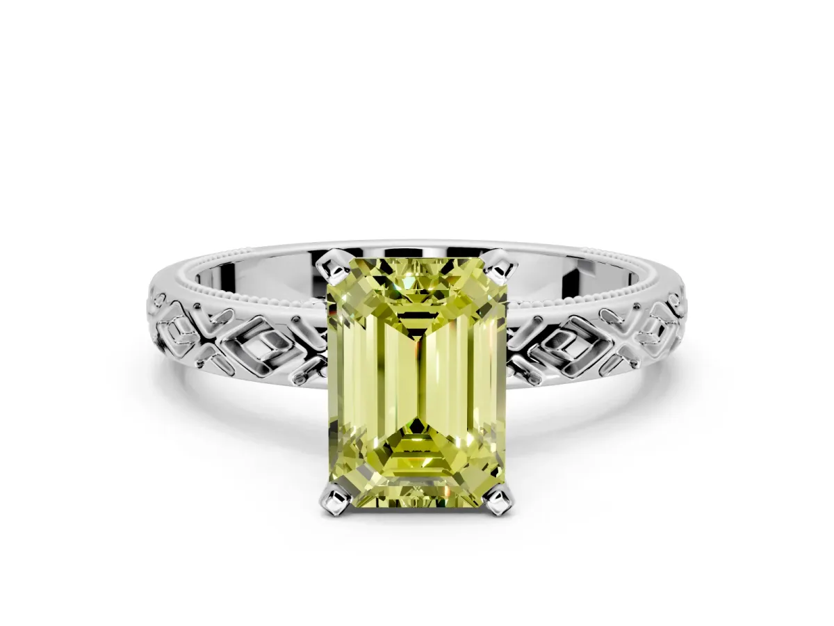Solitaire Engagement Ring Setting for Fancy Yellow Emerald Cut Center with Milgrain X Pattern Band and Prong Head in Sterling Silver