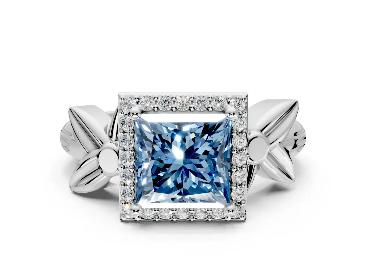 Halo Engagement Ring Setting for Fancy Blue Princess Cut Center with Floral Band and Prong Head in Platinum