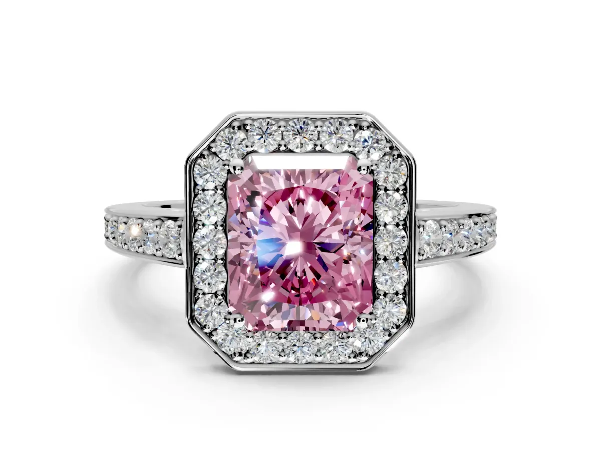 Bezel-Framed Halo Engagement Ring Setting for Fancy Pink Radiant Cut Center with Pave Band and Prong Head in White Gold