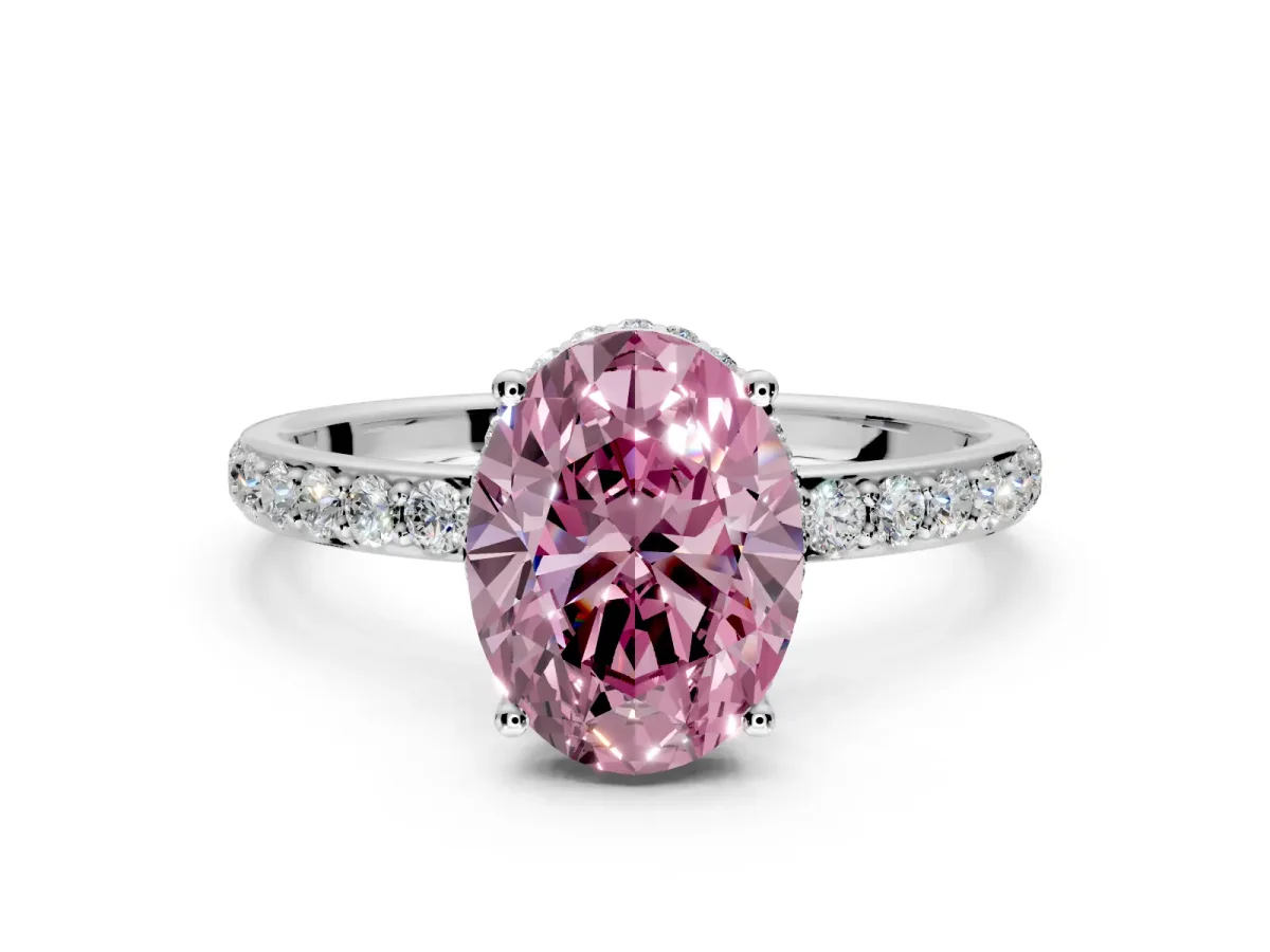 Hidden Halo Engagement Ring Setting for Fancy Pink Oval Center with Pave Band and Prong Head in White Gold