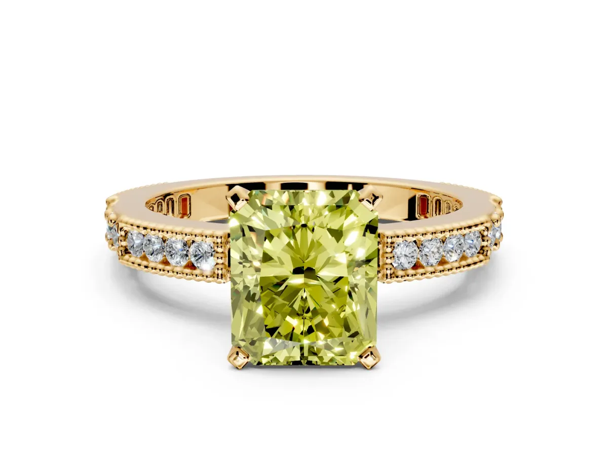 Solitaire Engagement Ring Setting for Fancy Yellow Radiant Cut Center with Milgrain-Edged Pave Band and Prong Head in Yellow Gold