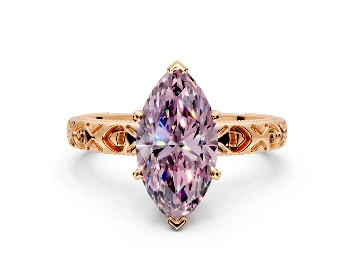 Solitaire Engagement Ring Setting for Fancy Pink Marquise Center with XO Engraved Band and Prong Head in Rose Gold