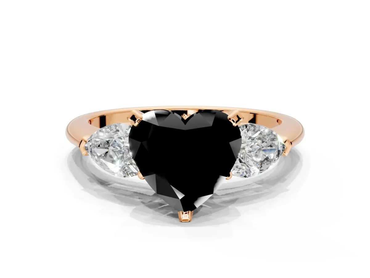 3 Stone Engagement Ring Setting for Fancy Black Heart-Shaped Center with Large Pear-Shaped Accents and Prong Head in Rose Gold