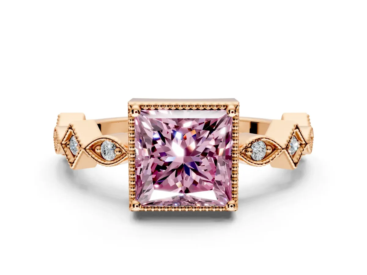 Milgrain Bezel Engagement Ring Setting for Fancy Pink Princess Cut Center with Marquise Stations and Bezel Head in Rose Gold