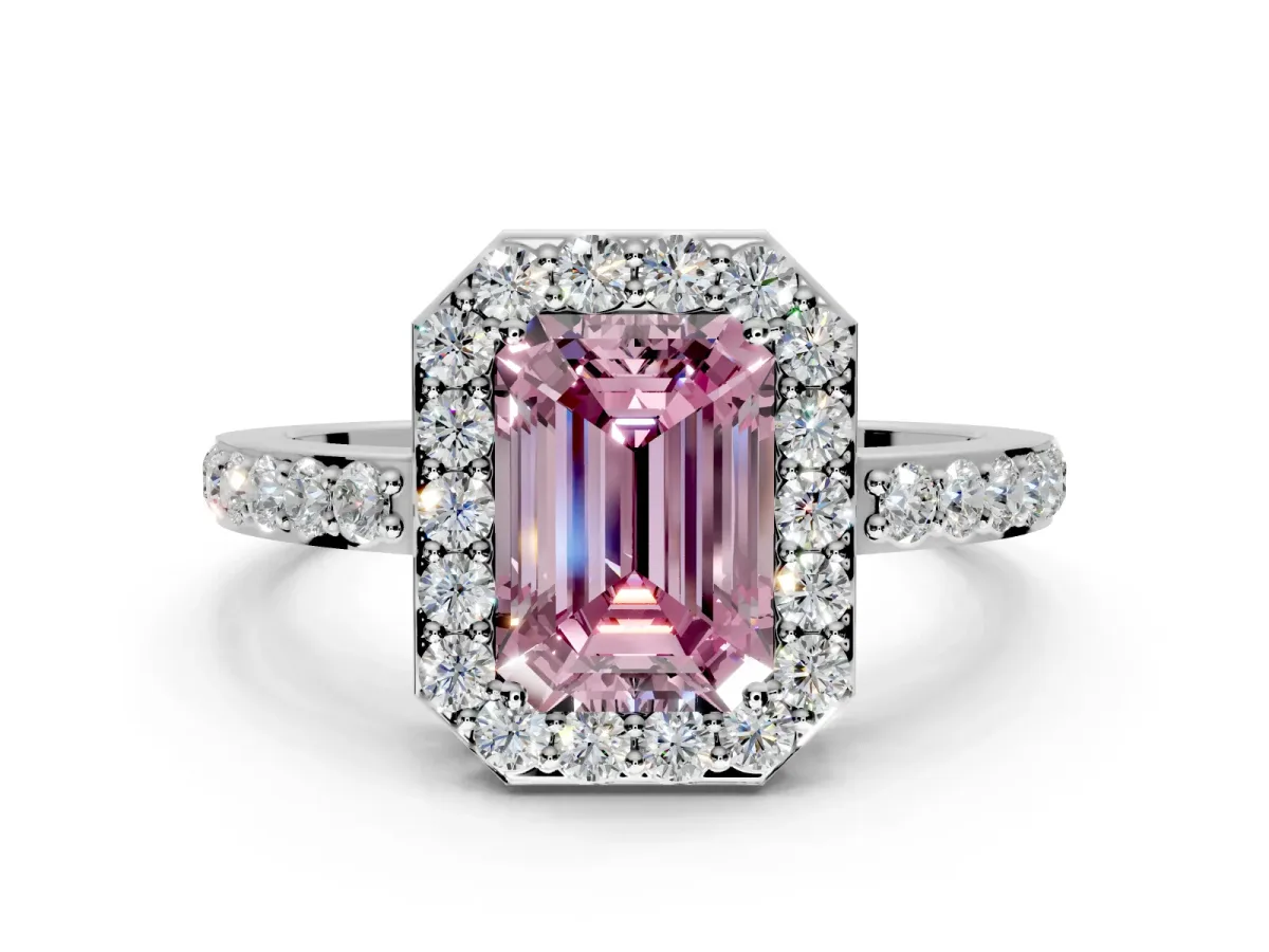 Halo Engagement Ring Setting for Fancy Pink Emerald Cut Center with Heart-Shaped Openwork, Pave Band and Prong Head in Platinum
