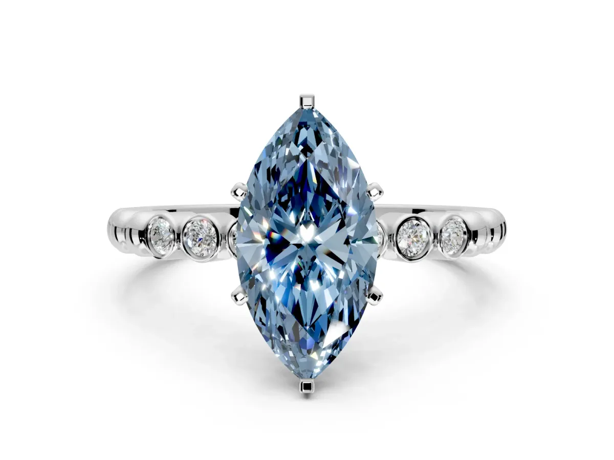 Solitaire Engagement Ring Setting for Fancy Blue Marquise Center with Bezel-Dot Beaded Band and Prong Head in Sterling Silver