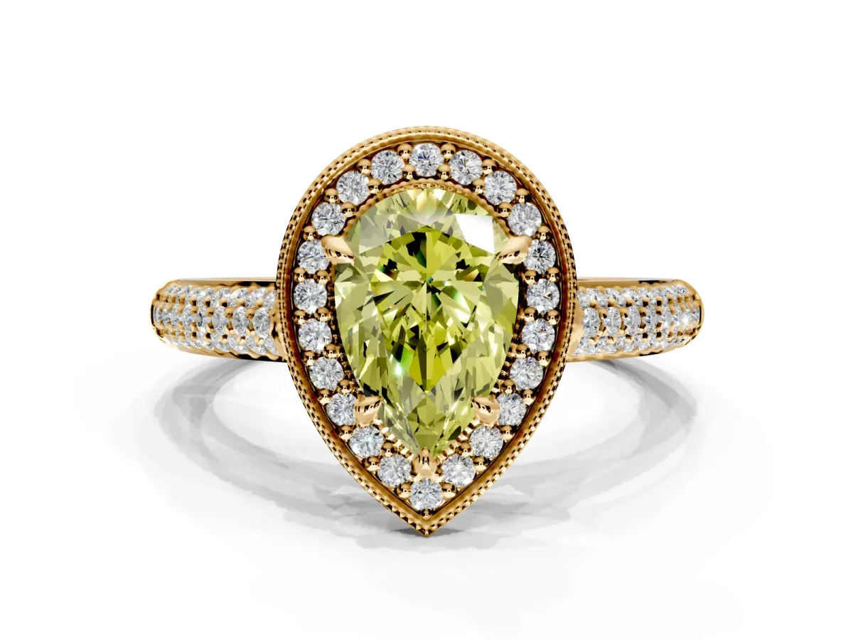 Milgrain Halo Engagement Ring Setting for Fancy Yellow Pear-Shaped Center with Three-Sided Pave Band and Prong Head in Yellow Gold