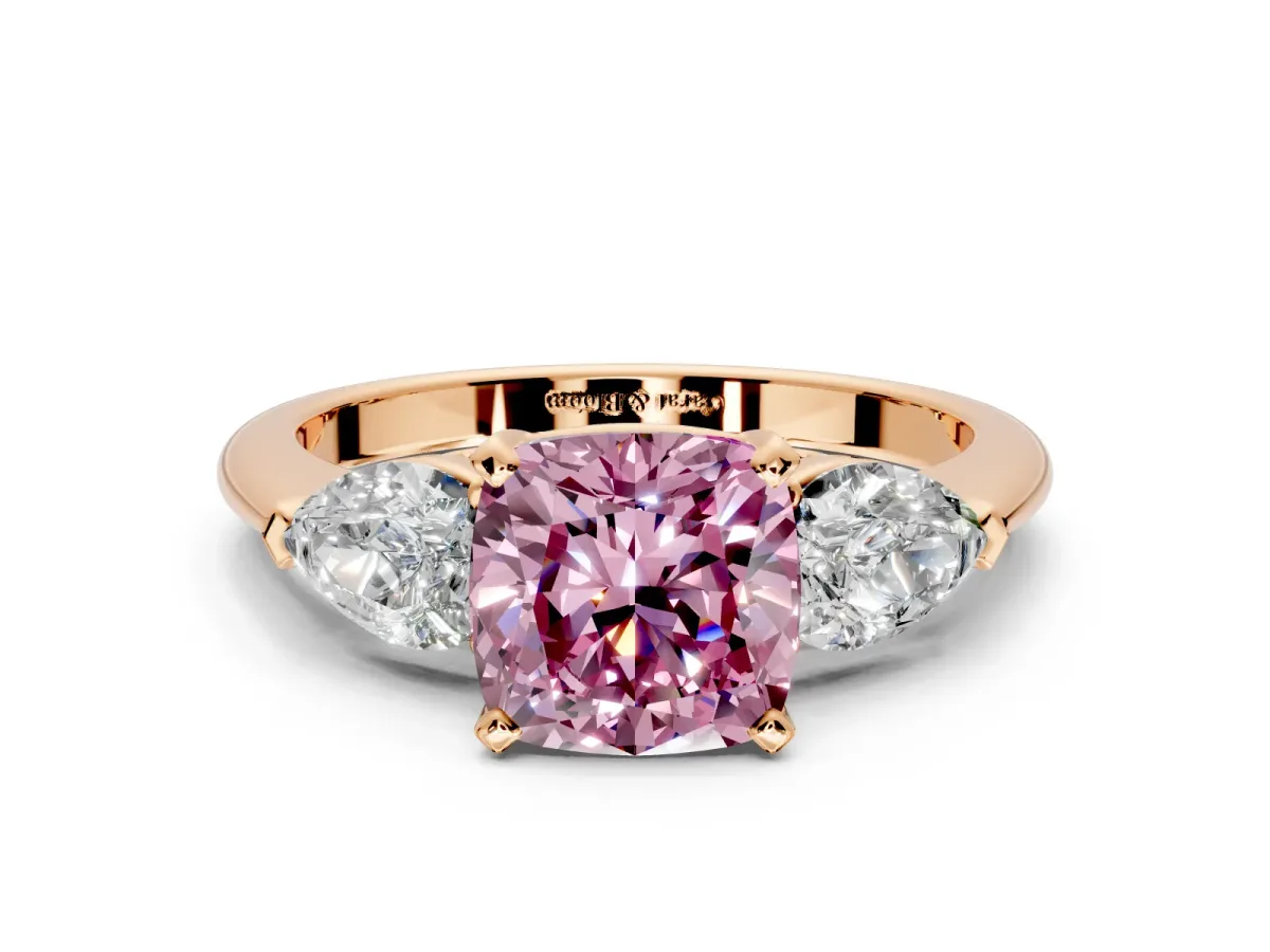 3 Stone Engagement Ring Setting for Fancy Pink Cushion Cut Center with Large Pear-Shaped Accents and Prong Head in Rose Gold