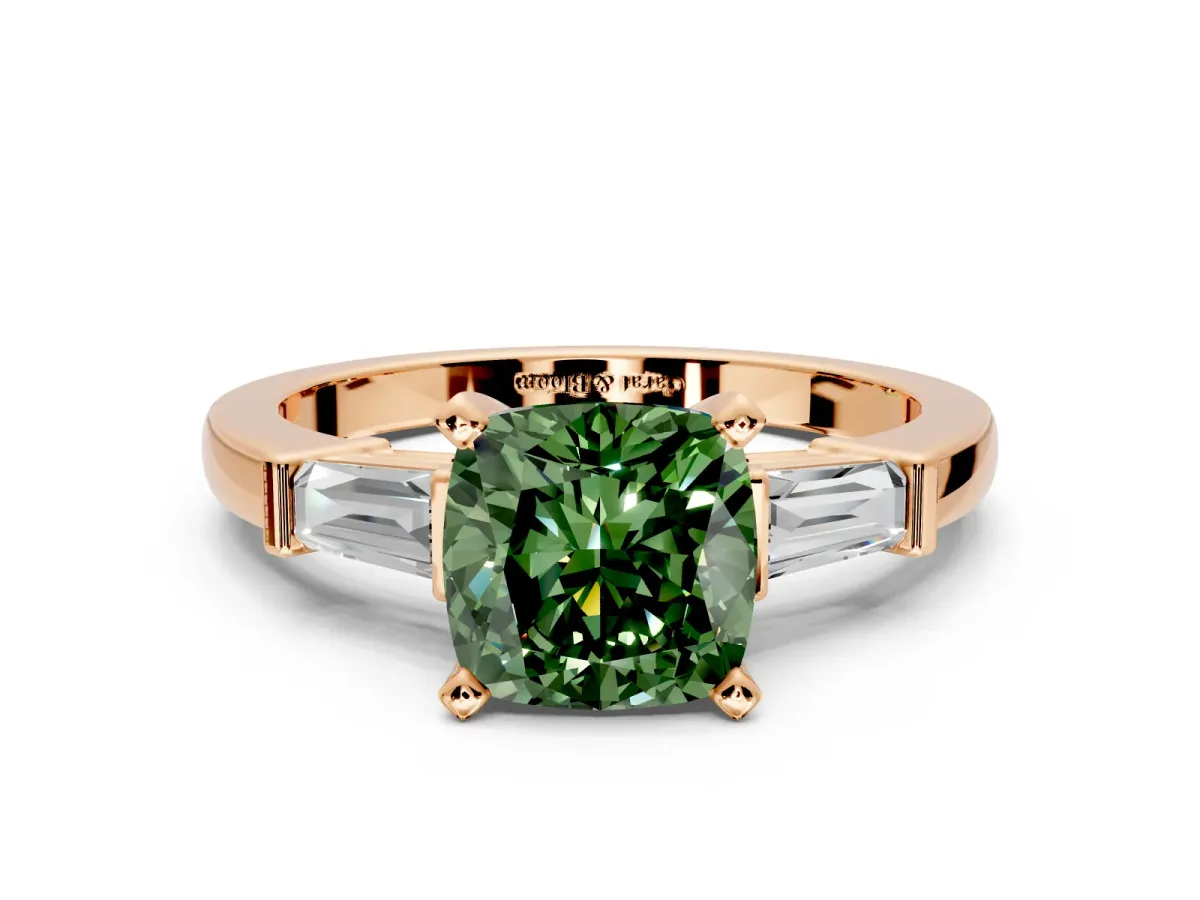3 Stone Engagement Ring Setting for Fancy Green Cushion Cut Center with Channel Baguette Accents and Prong Head in Rose Gold