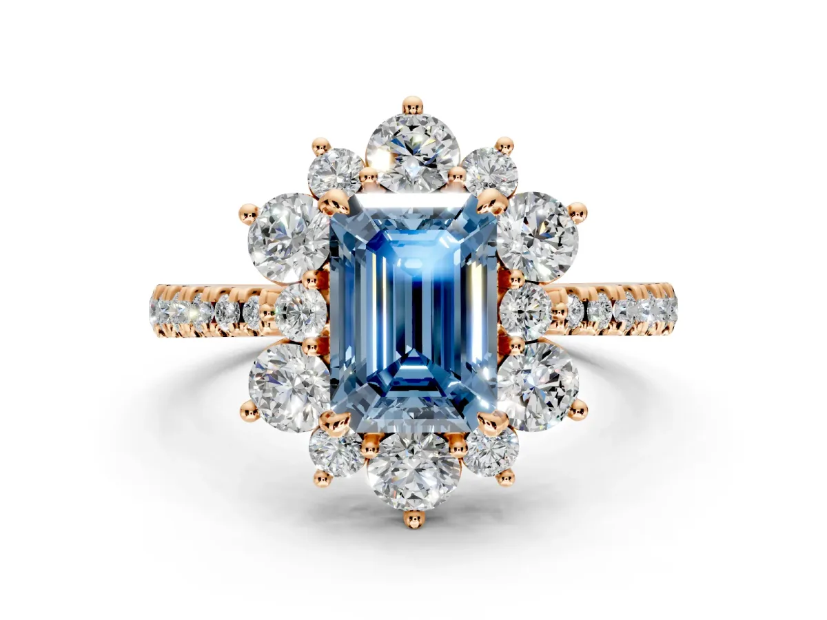 Floral Halo Engagement Ring Setting for Fancy Blue Emerald Cut Center with Pave Accents and Prong Head in Rose Gold