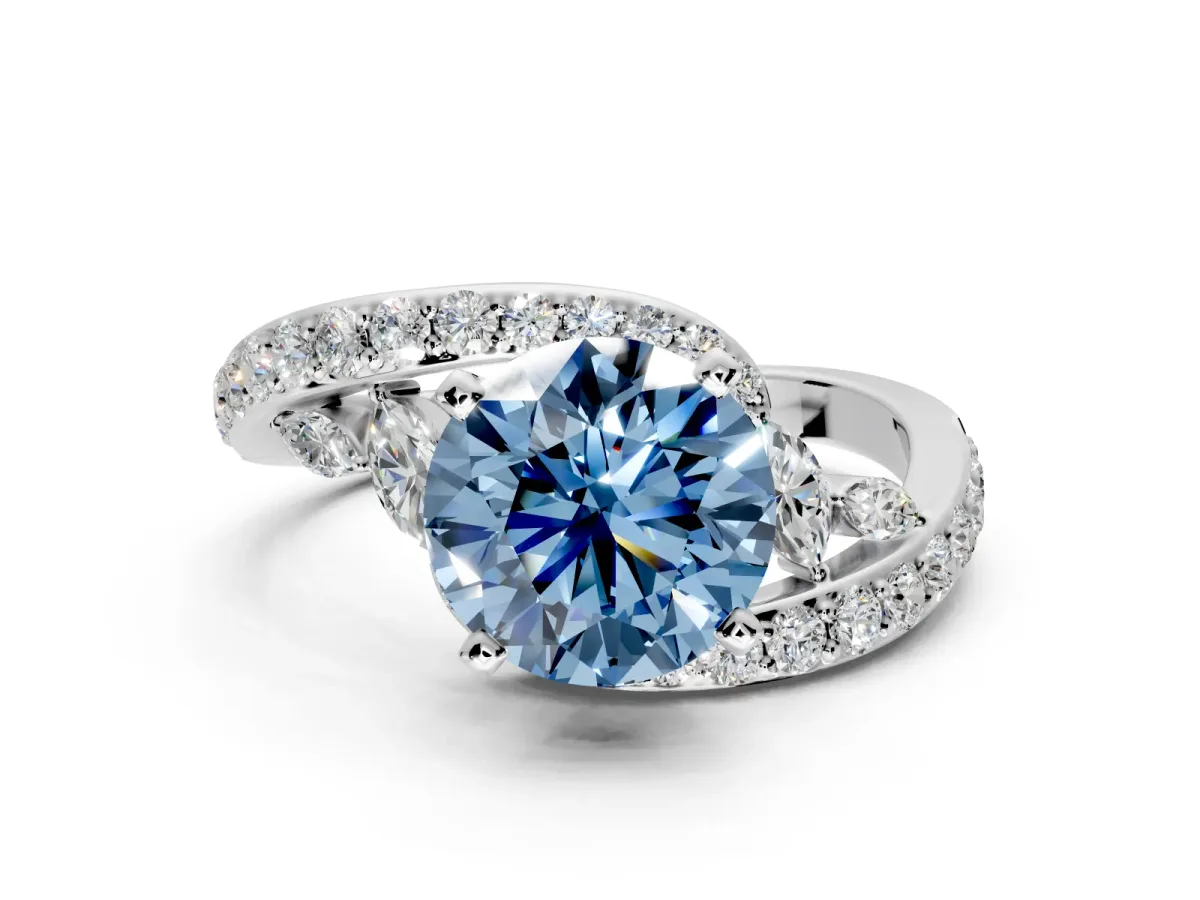 Solitaire Engagement Ring Setting for Fancy Blue Round Cut Center with Pave Bypass Twist Band and Prong Head in Platinum