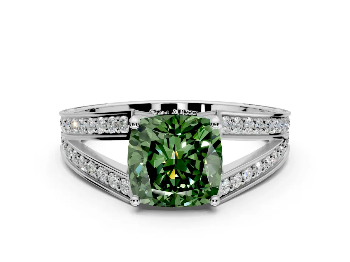 Split Shank Engagement Ring Setting for Fancy Green Cushion Cut Center with Pave Split Shank and Prong Head in White Gold