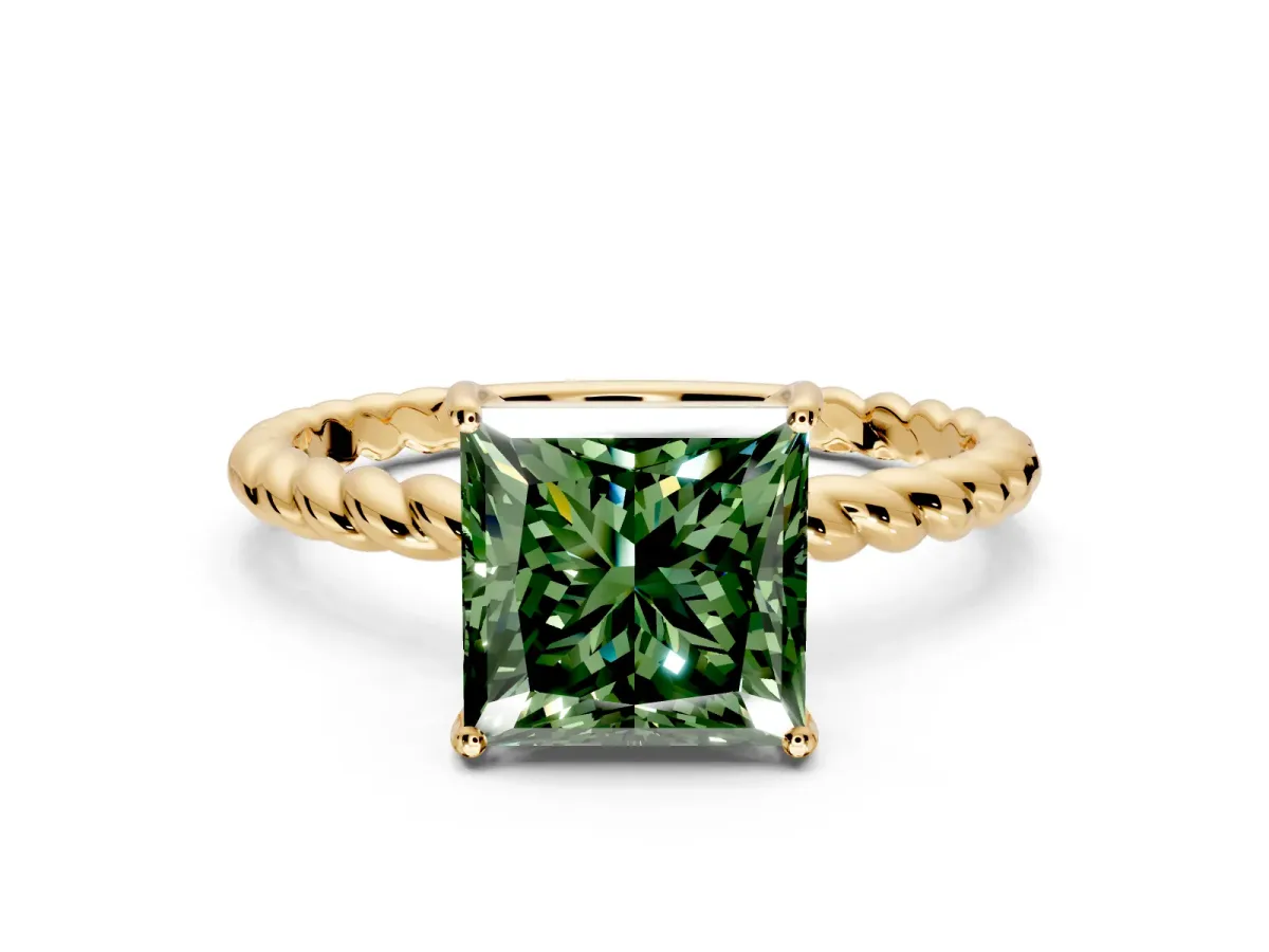 Solitaire Engagement Ring Setting for Fancy Green Princess Cut Center with Plain Twisted Rope Band and Prong Head in Yellow Gold