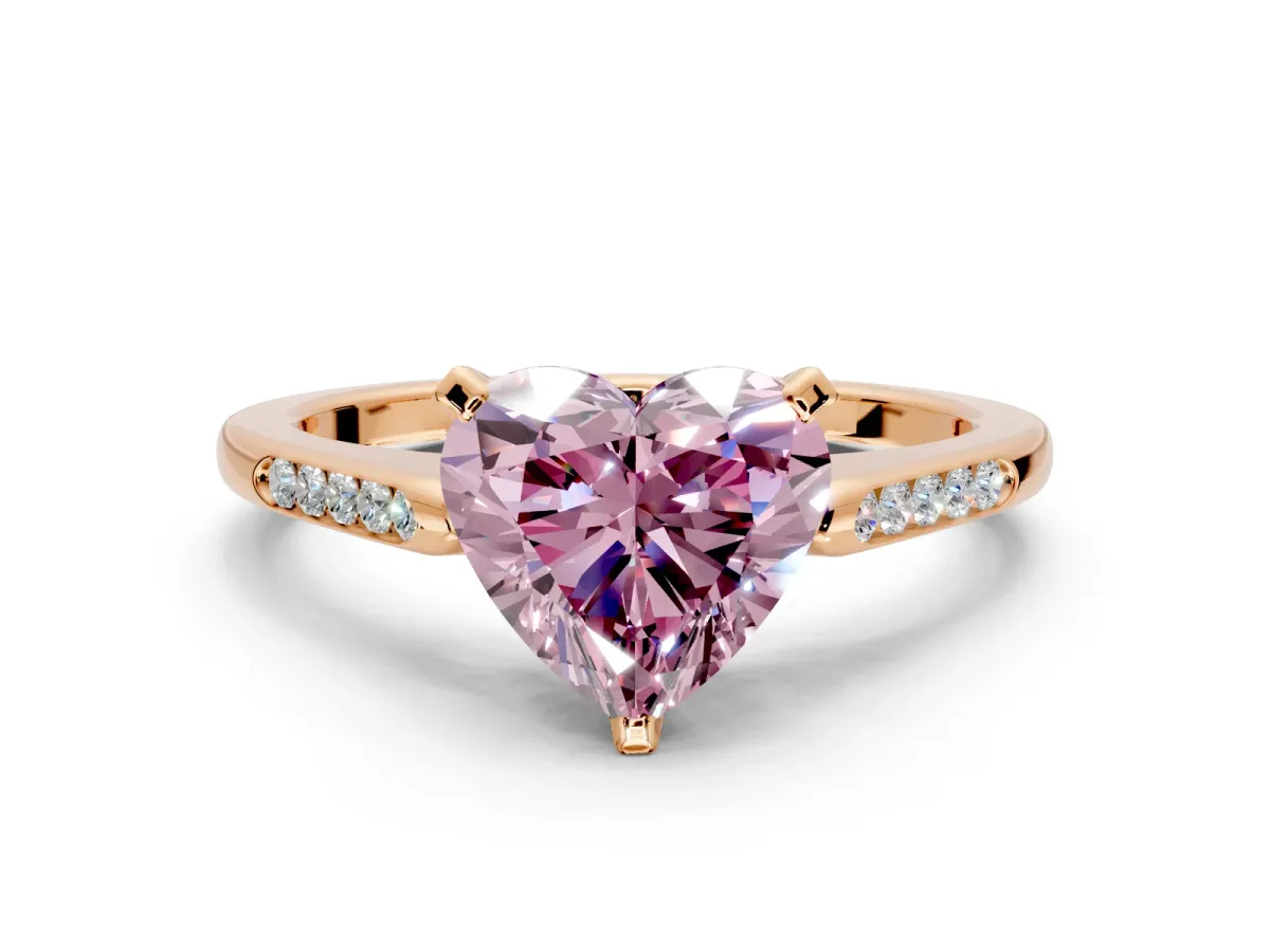 Solitaire Engagement Ring Setting for Fancy Pink Heart-Shaped Center with Channel Accents and Prong Head in Rose Gold