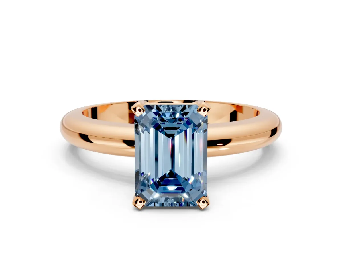 Solitaire Engagement Ring Setting for Fancy Blue Emerald Cut Center with Wire Band and Prong Head in Rose Gold