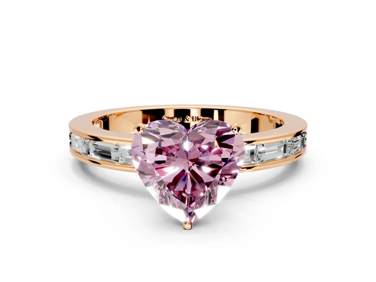 Solitaire Engagement Ring Setting for Fancy Pink Heart-Shaped Center with Channel Baguette Band and Prong Head in Rose Gold