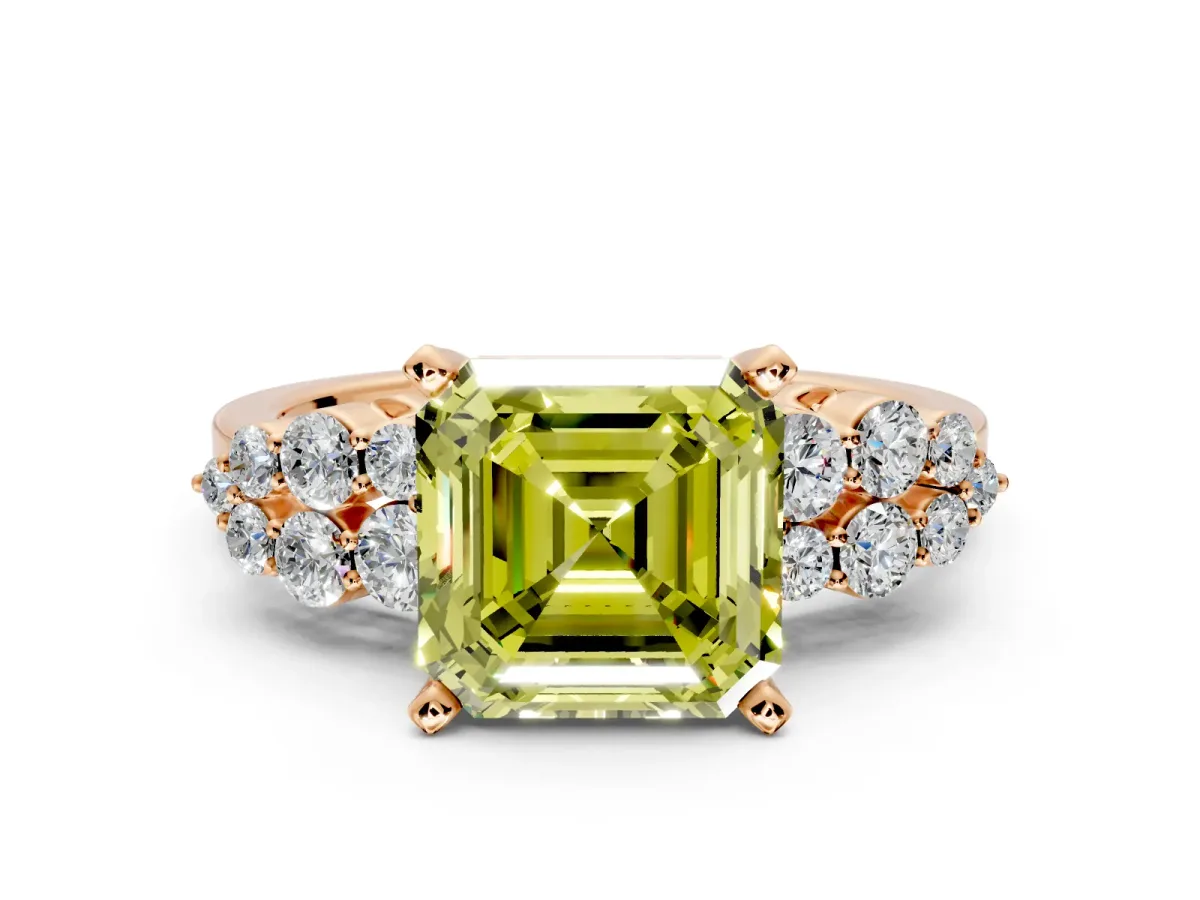 Cluster Engagement Ring Setting for Fancy Yellow Asscher Cut Center with 2-Row Shoulder Clusters and Prong Head in Rose Gold