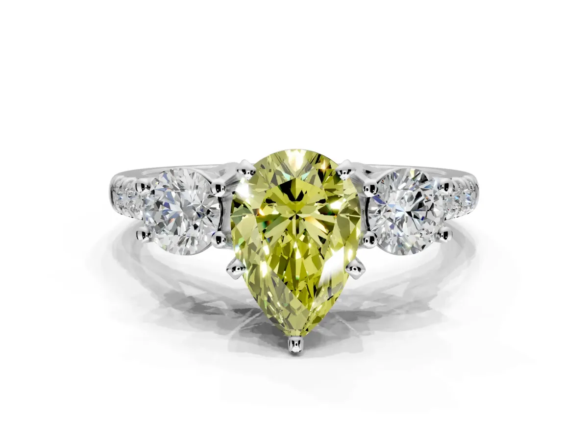 3 Stone Engagement Ring Setting for Fancy Yellow Pear-Shaped Center with Crossover Basket, Pave Band and Prong Head in Platinum