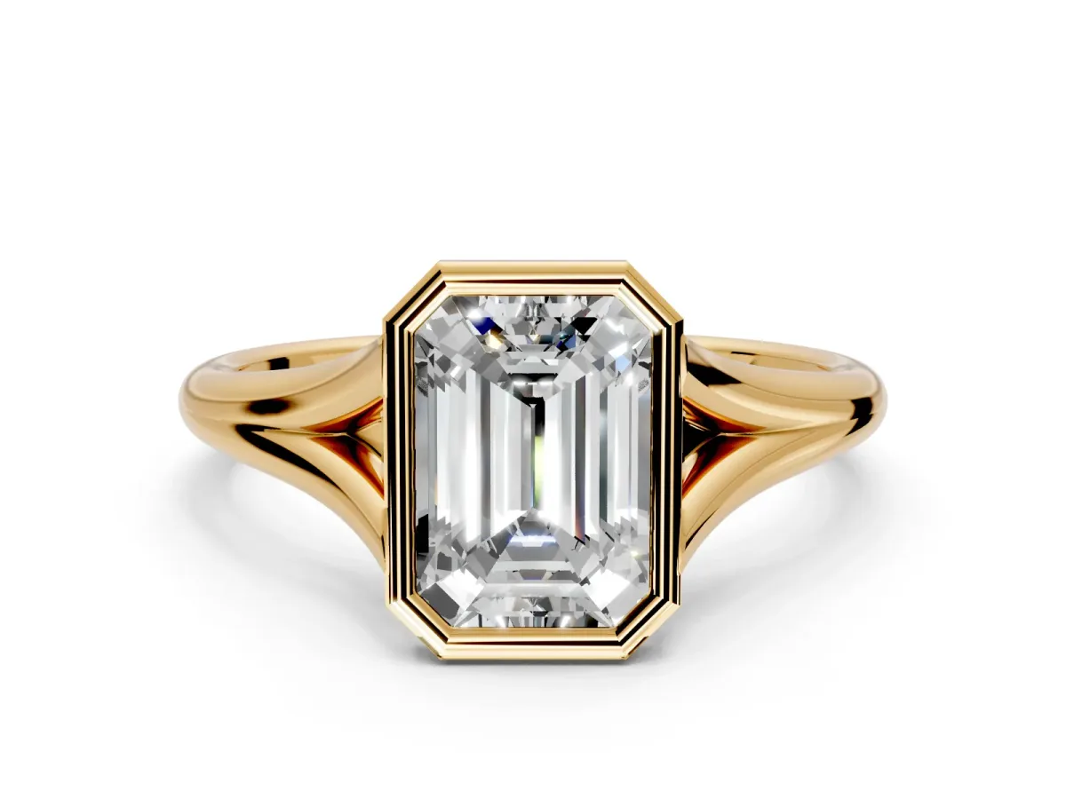 Solitaire Engagement Ring Setting for Emerald Cut Center with V Split Shank and Bezel Head in Yellow Gold