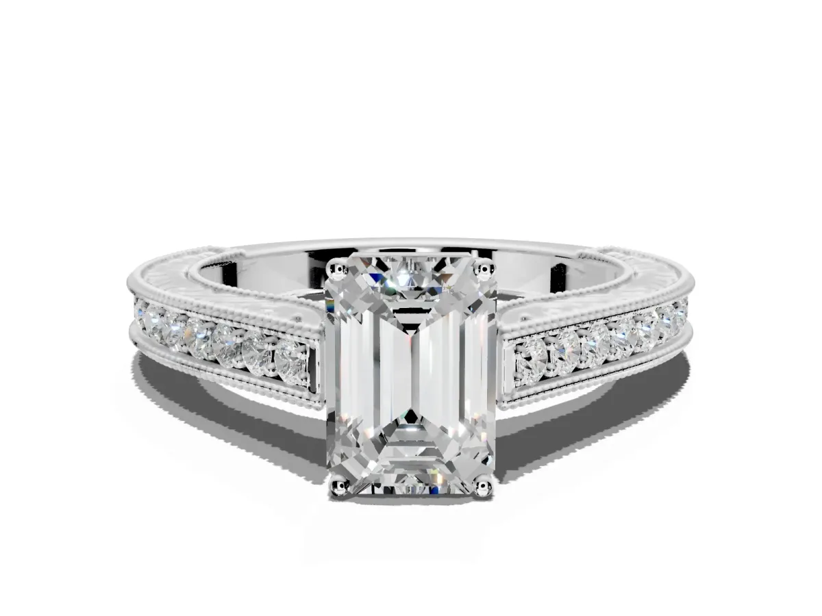 Solitaire Engagement Ring Setting for Emerald Cut Center with Engraved Pave Band and Prong Head in Platinum