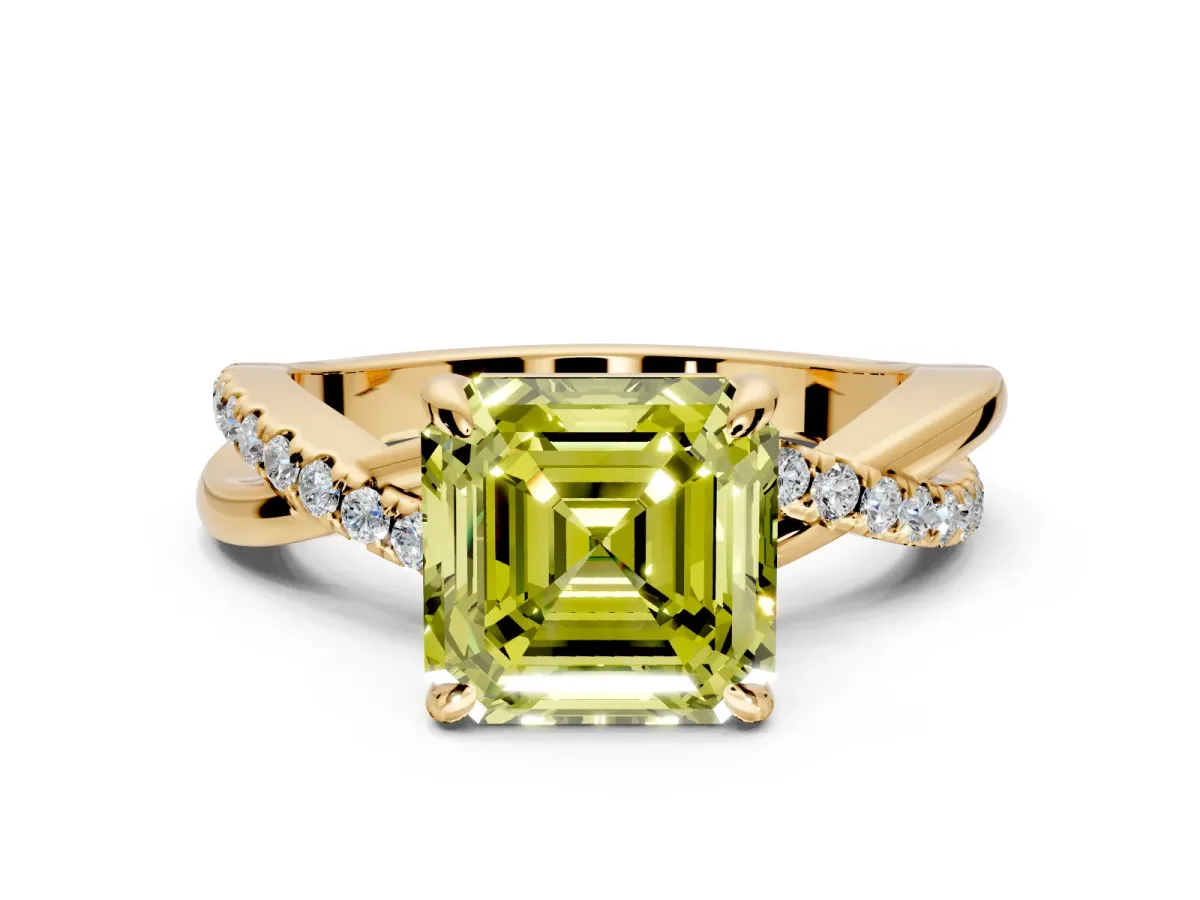 Solitaire Engagement Ring Setting for Fancy Yellow Asscher Cut Center with Half-Pave Crossover Band and Prong Head in Yellow Gold