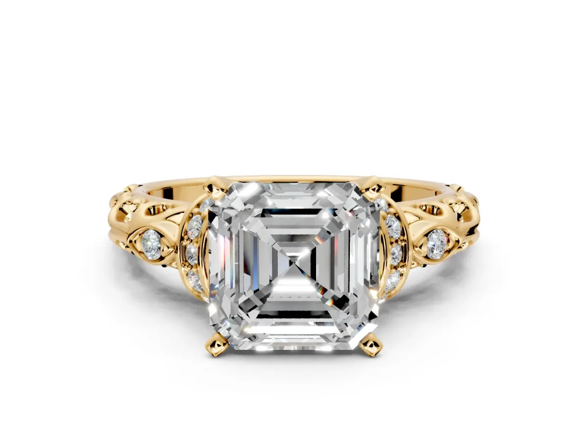Solitaire Engagement Ring Setting for Asscher Cut Center with Filigree Band and Prong Head in Yellow Gold