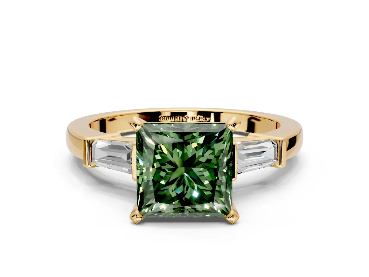 3 Stone Engagement Ring Setting for Fancy Green Princess Cut Center with Channel Baguette Accents and Prong Head in Yellow Gold