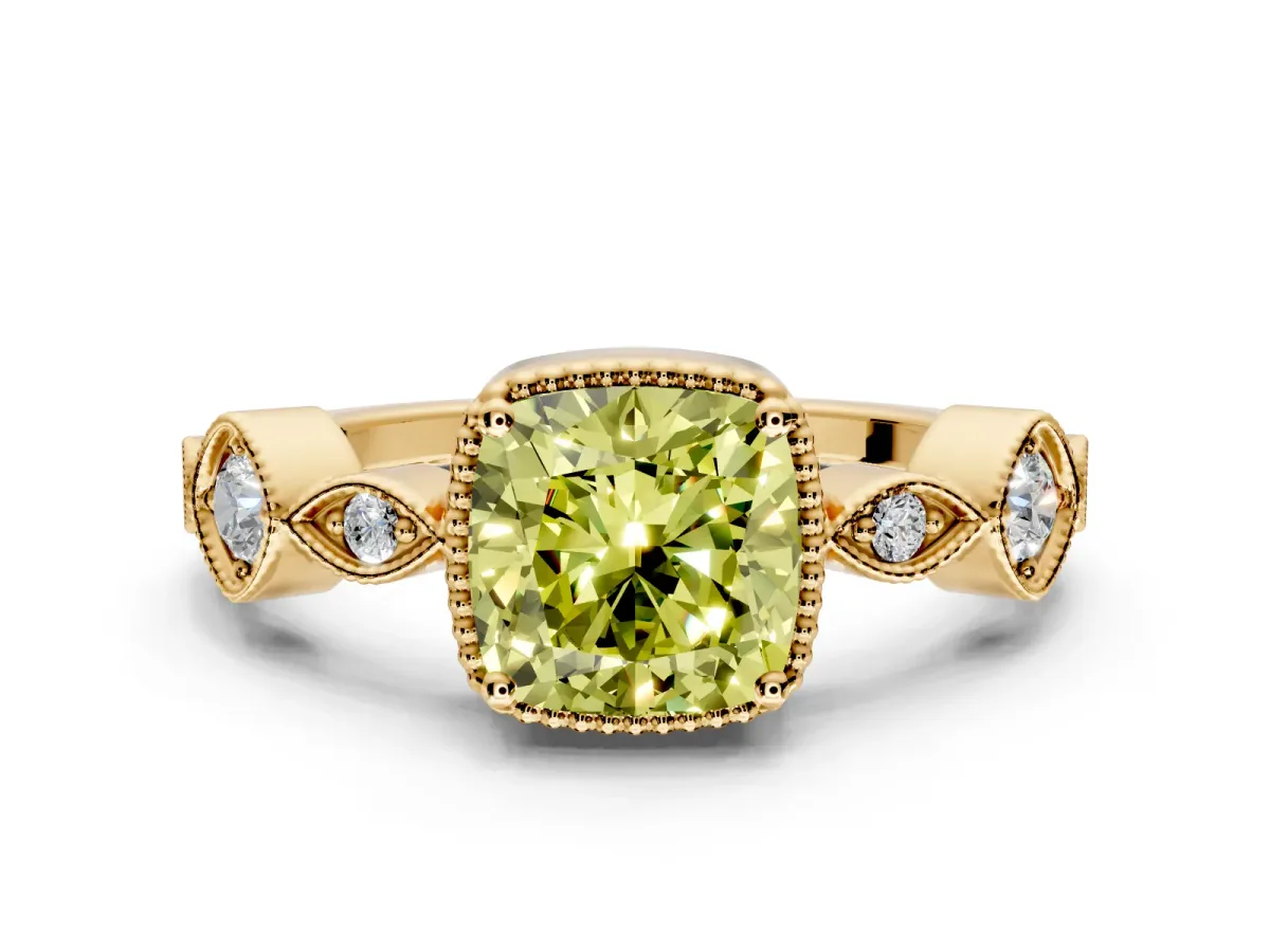 Vintage Station Engagement Ring Setting for Fancy Yellow Cushion Cut Center with Accents and Prong Head in Yellow Gold